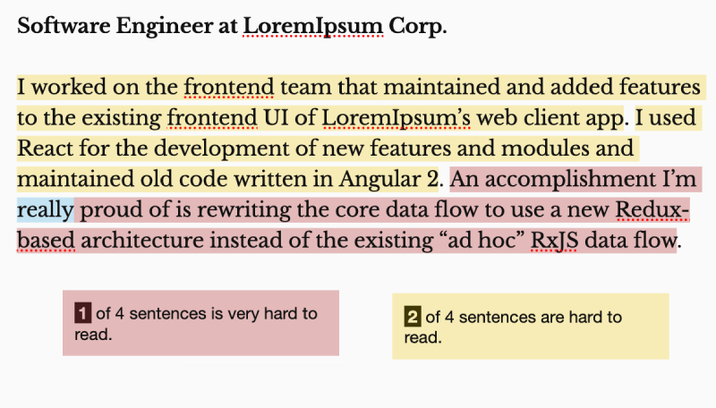 Our first block of text analyzed with the Hemingway Editor.