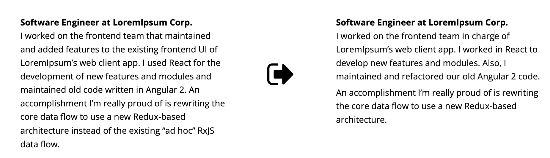 Comparison showing how better spacing and shorter sentences improve readability.