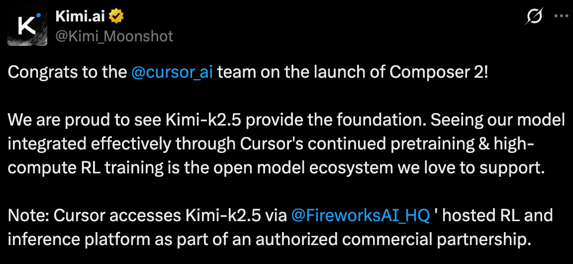 Moonshot AI confirms info about Composer 2/Kimi K2.5